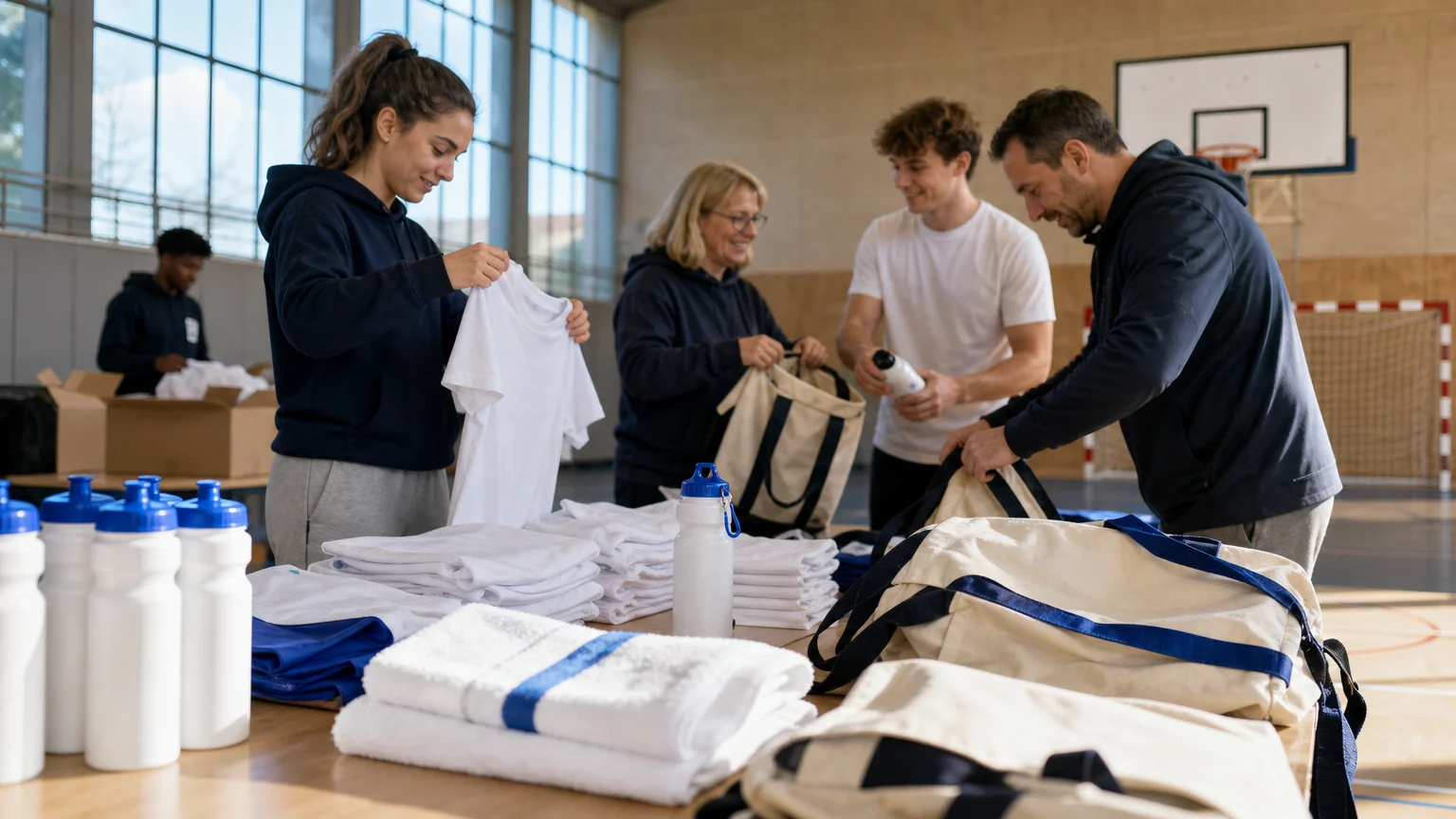 Préparation de goodies sportifs personnalisés avant un tournoi