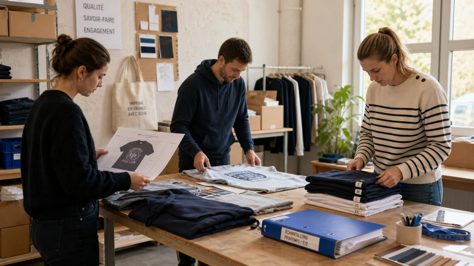 Contrôle de t-shirts personnalisés dans un atelier textile