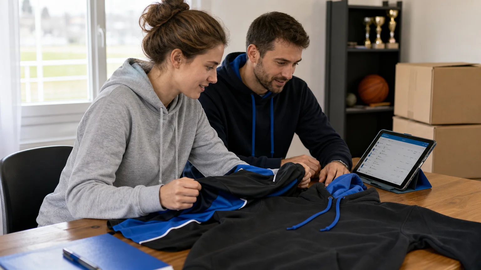 Bénévoles préparant une boutique textile de club sportif