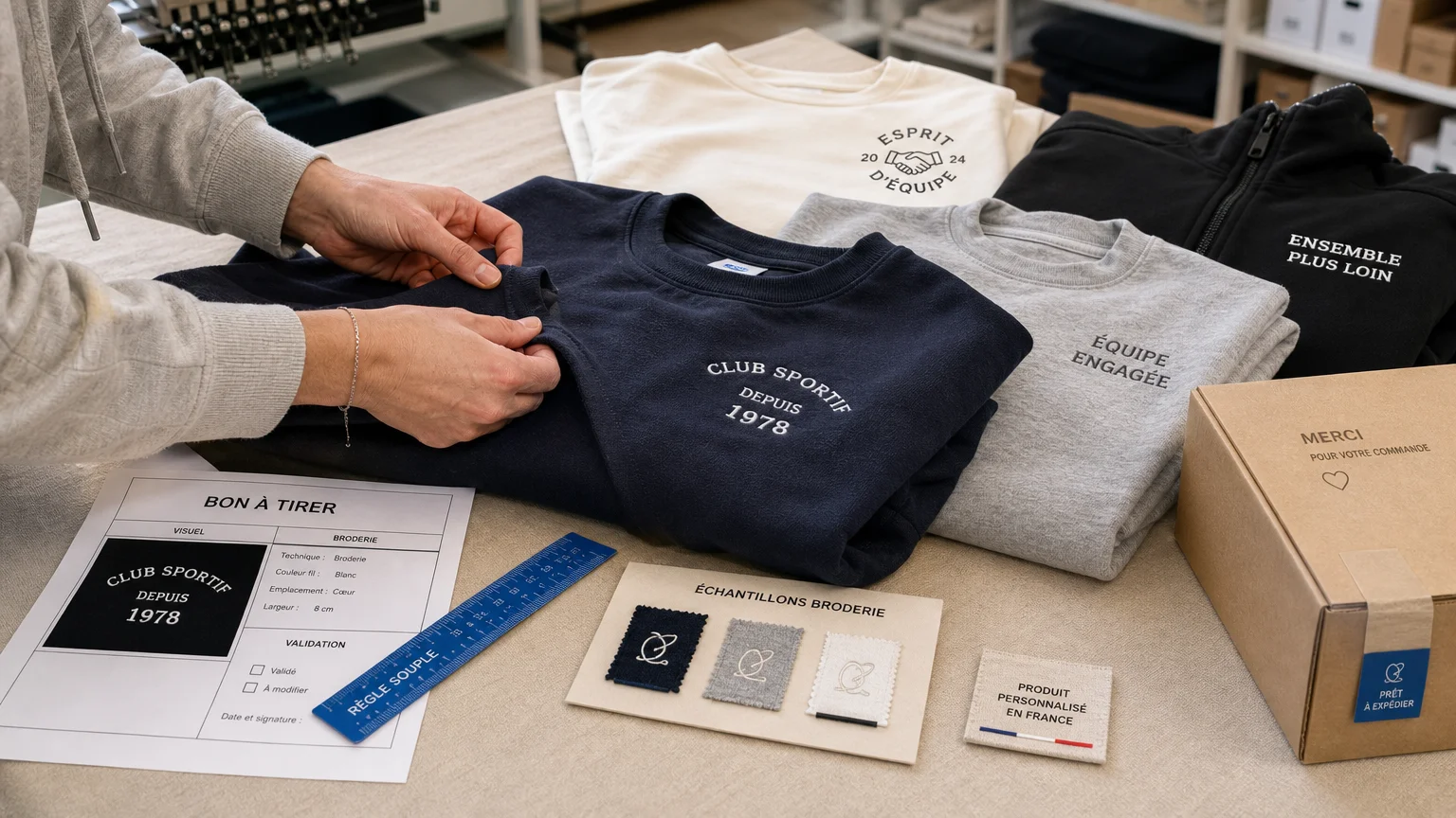 Contrôle de vêtements personnalisables dans un atelier textile français