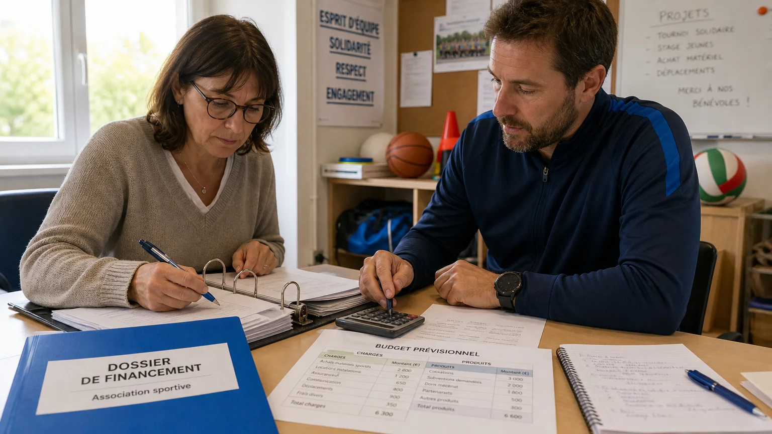 Bénévoles préparant un dossier de financement pour une association sportive