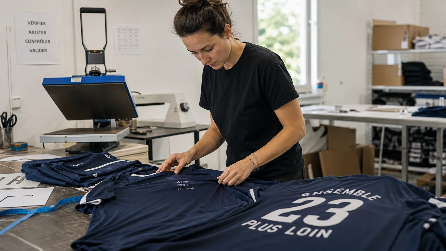 Atelier de personnalisation textile avec plusieurs marquages sur des vêtements