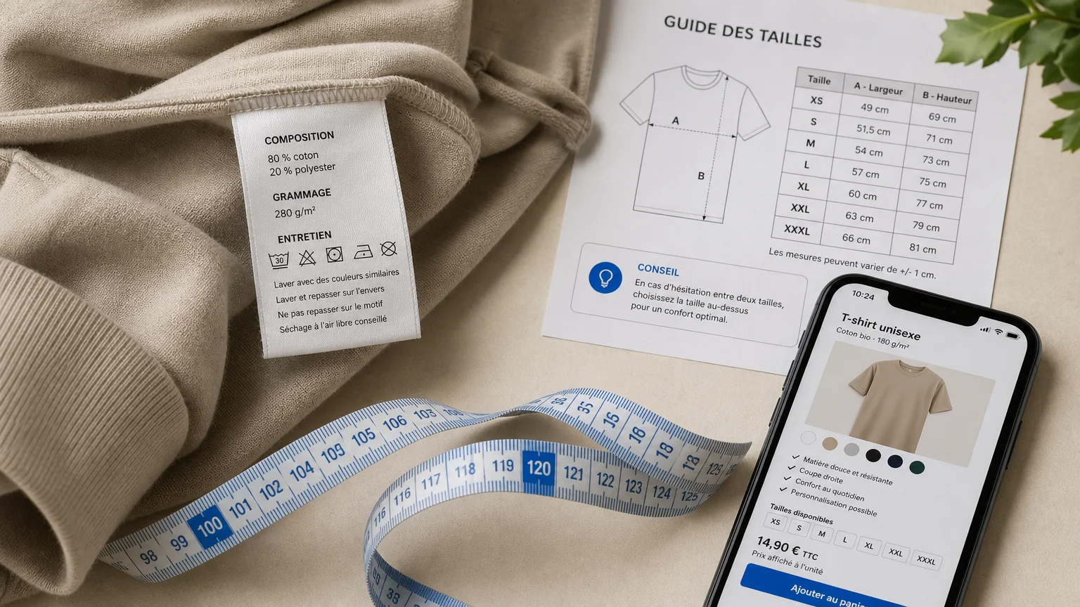 Étiquette textile, guide des tailles et fiche produit à vérifier