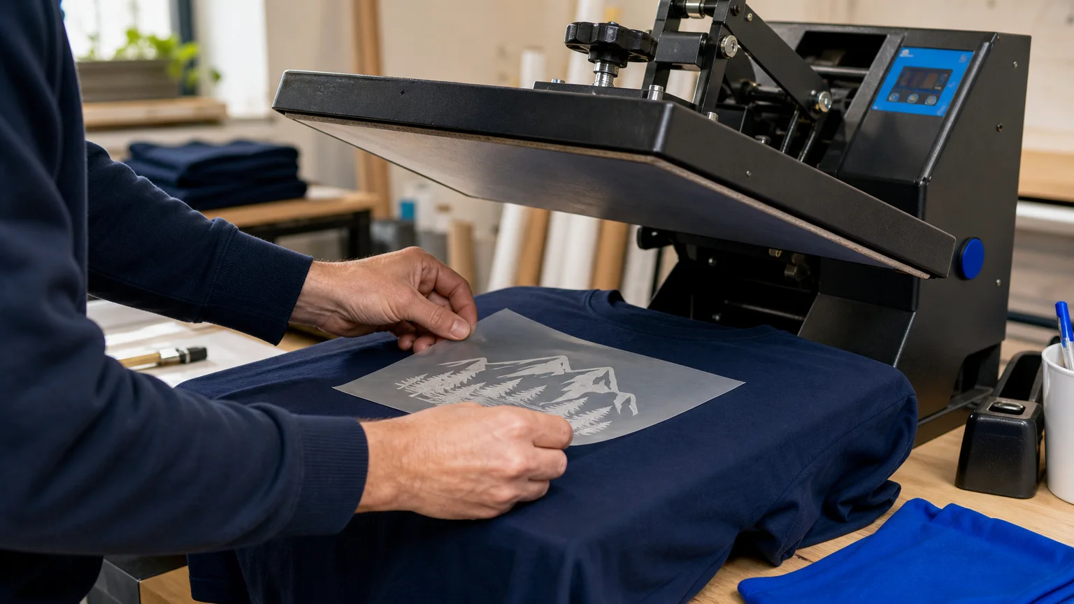 Application d’un marquage par transfert sur un t-shirt dans un atelier textile