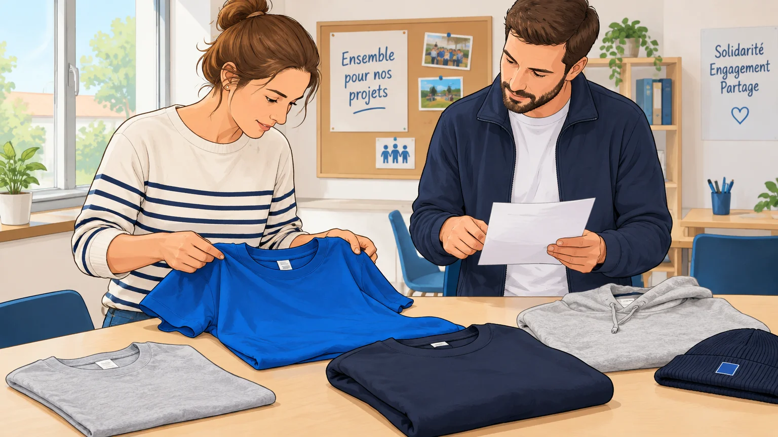 Des bénévoles examinent des échantillons textiles avant d’ouvrir une boutique associative sans stock