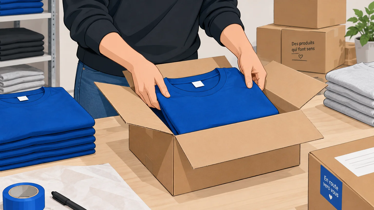 Préparation d’un colis de vêtements de sport personnalisés dans un espace logistique